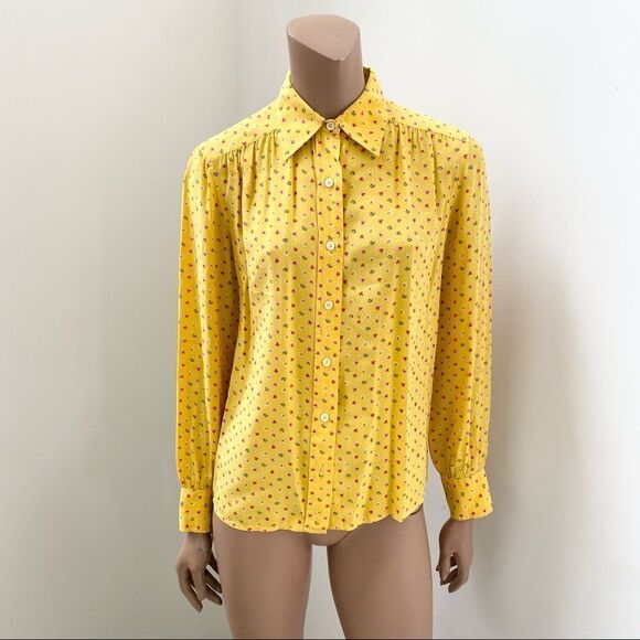 Celine Paris Vintage Yellow Silk Floral Blouse M - Picture 3 of 11